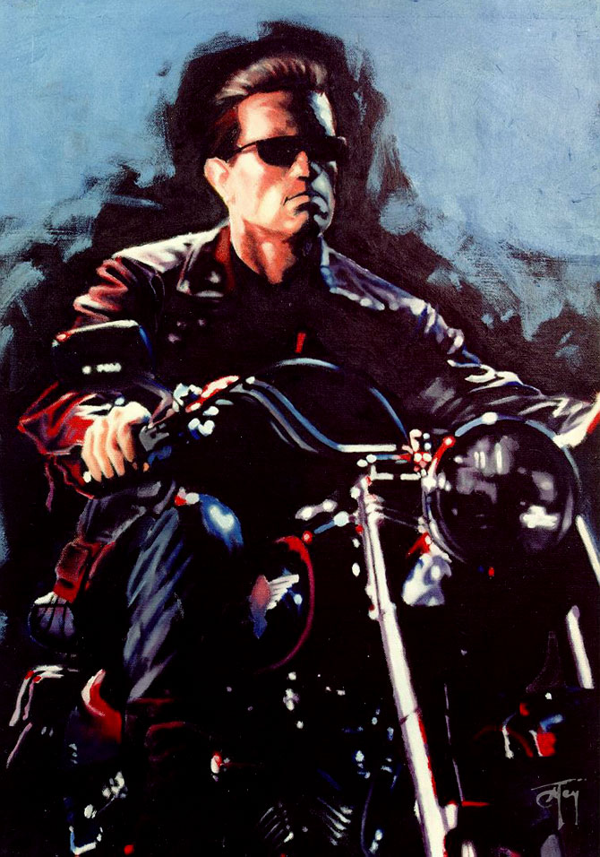 Acrylic painting of Arnold reprising his role as the terimantor astride a STF 91 fat boy 